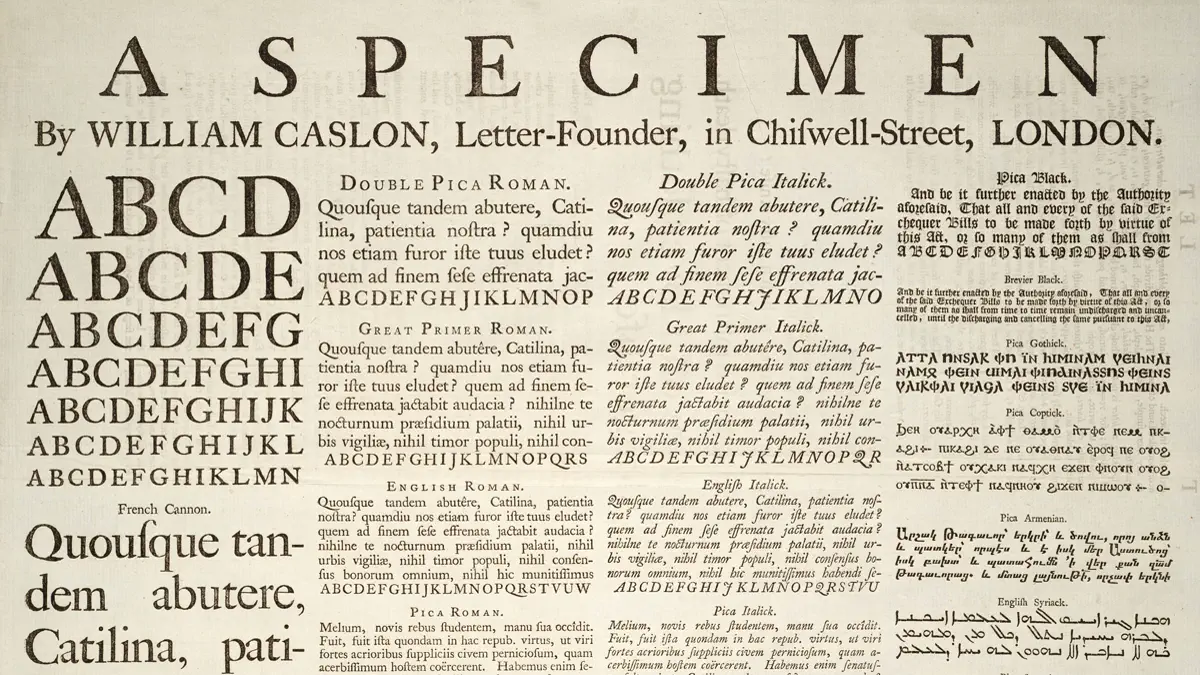 A printed specimen sheet headed A Specimen by William Caslon, Letter-Founder, in Chichewell-Street, London, with alphabets set in growing sizes, roman and italic, and several other scripts at the right.