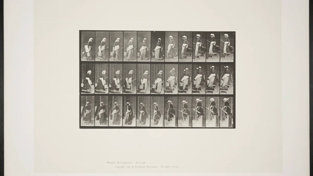 A mounted plate of thirty small photographs in three rows, each frame showing the same woman in a long dress carrying a bucket and a broom down a step and turning.