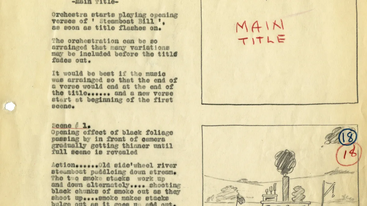 A typed page of a 1928 film script headed Main Title, with notes on how long the orchestra plays, then two pencil sketches in boxes: one marked Main Title and one of a paddle steamer.