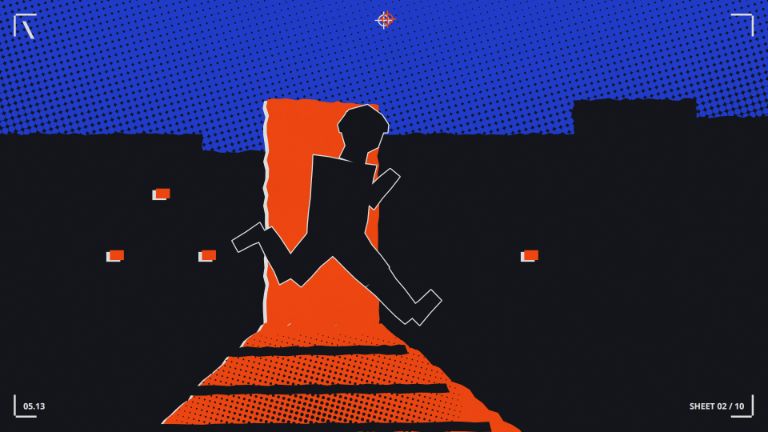 A still from one of Nine's own films: a printed poster that runs